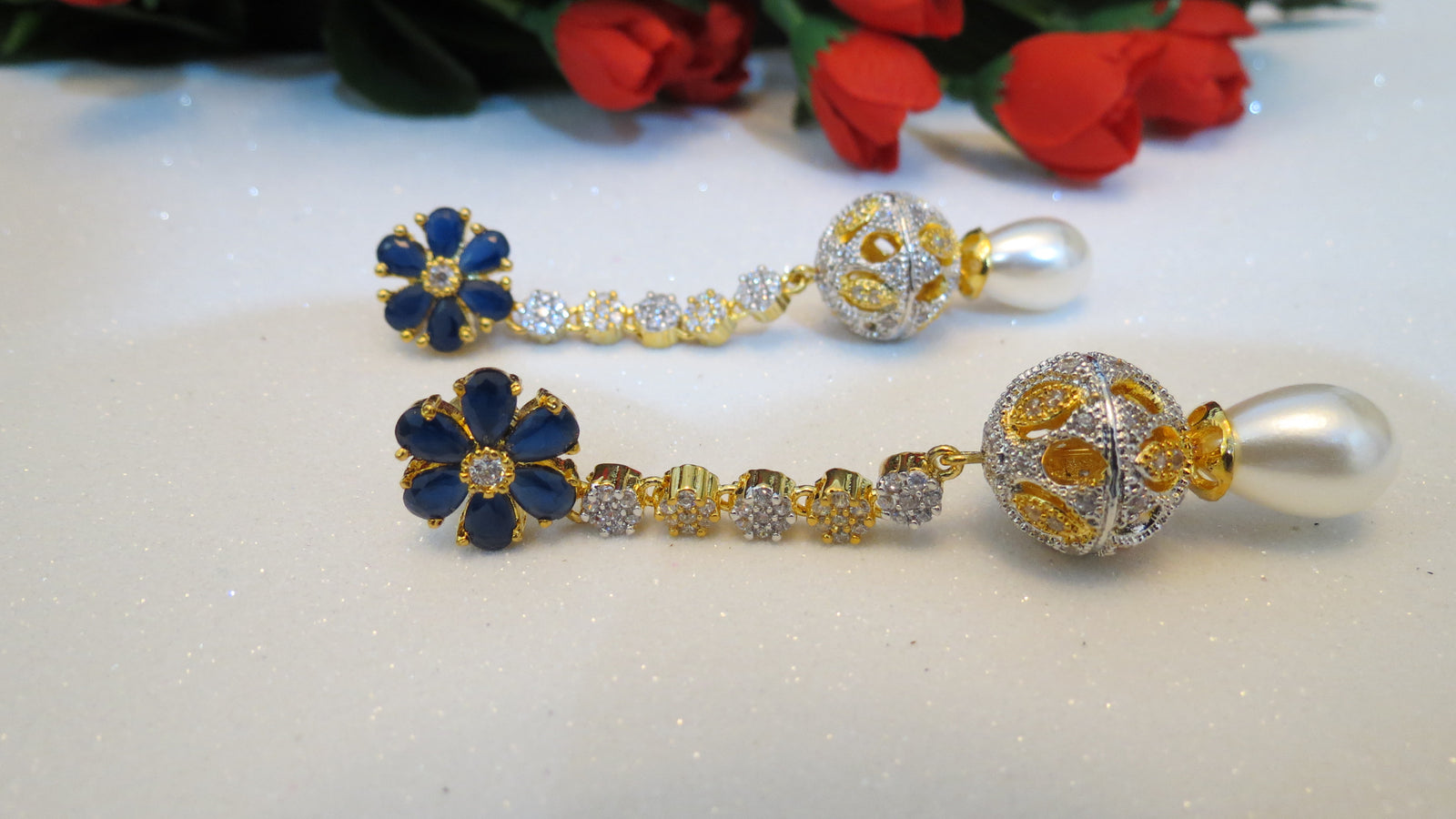 Hanging Pearl Earrings - Blue